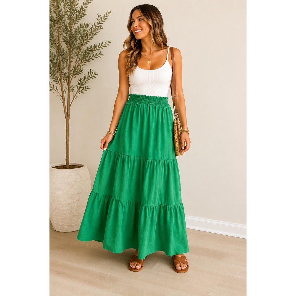 Lily Star Maxi Skirt Womens M Green Tiered Smocked Waist Ruffle Boho Flowy Skirt